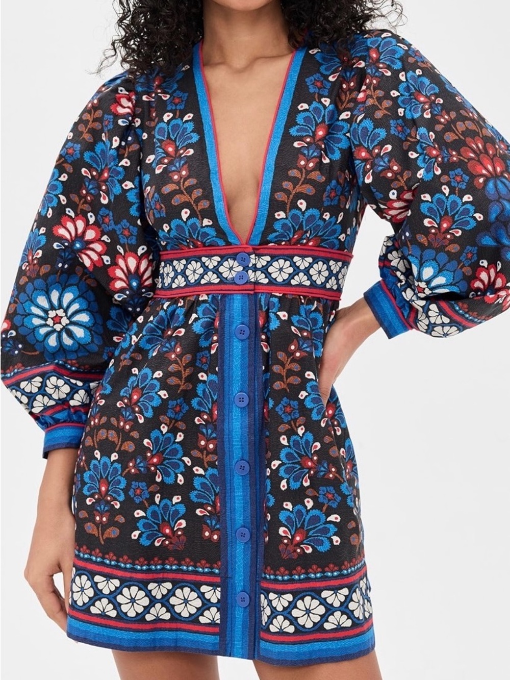 Farm Rio Black Latina Scarf Puff Sleeve Mini Dress NWT $248 Size Large Cotton - Picture 5 of 9